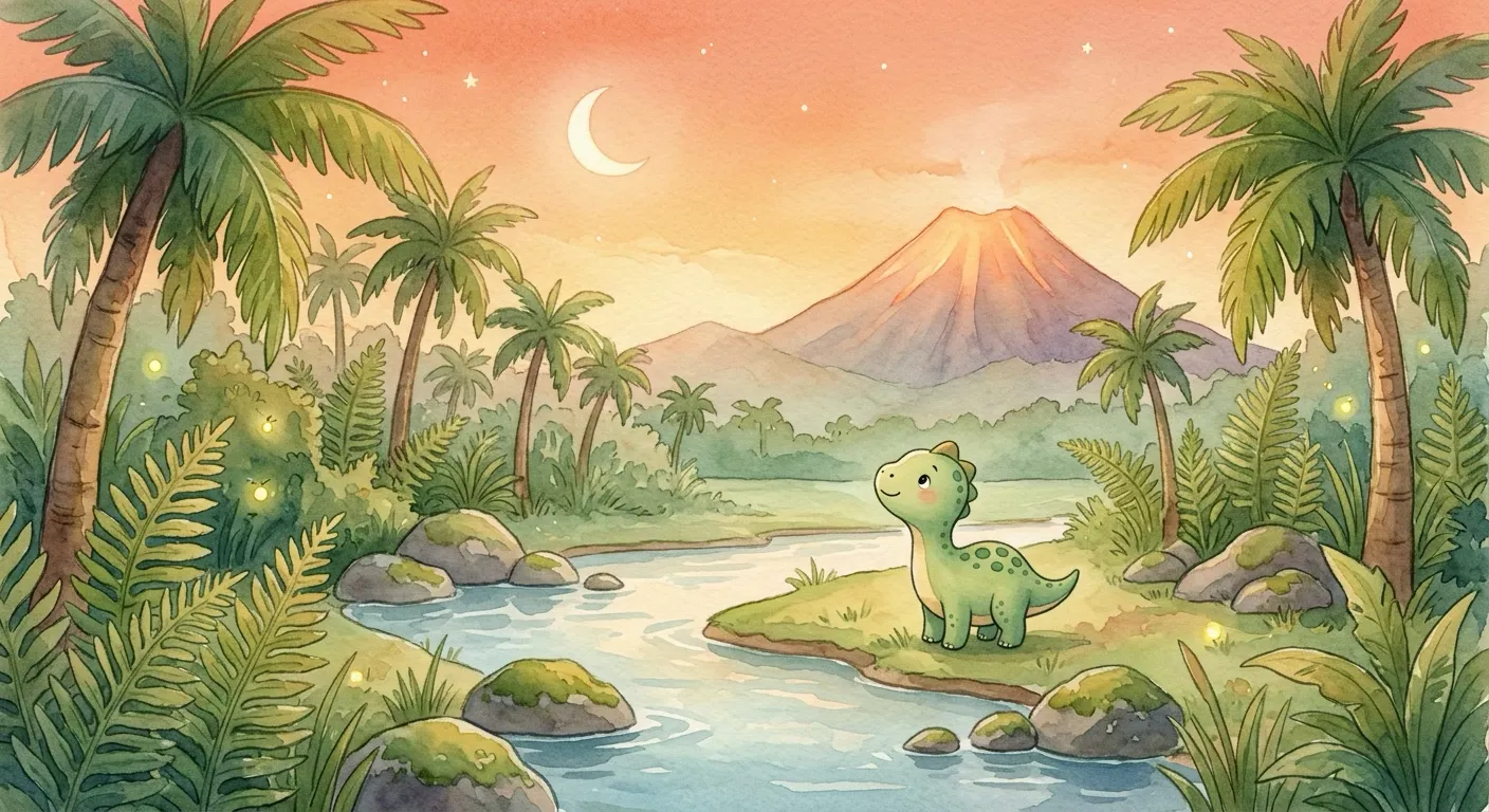 Little Dot, the smallest green baby dinosaur with darker-green spots and big gentle eyes, stands among the tall ferns by the river, looking up, very small beside the big plants.