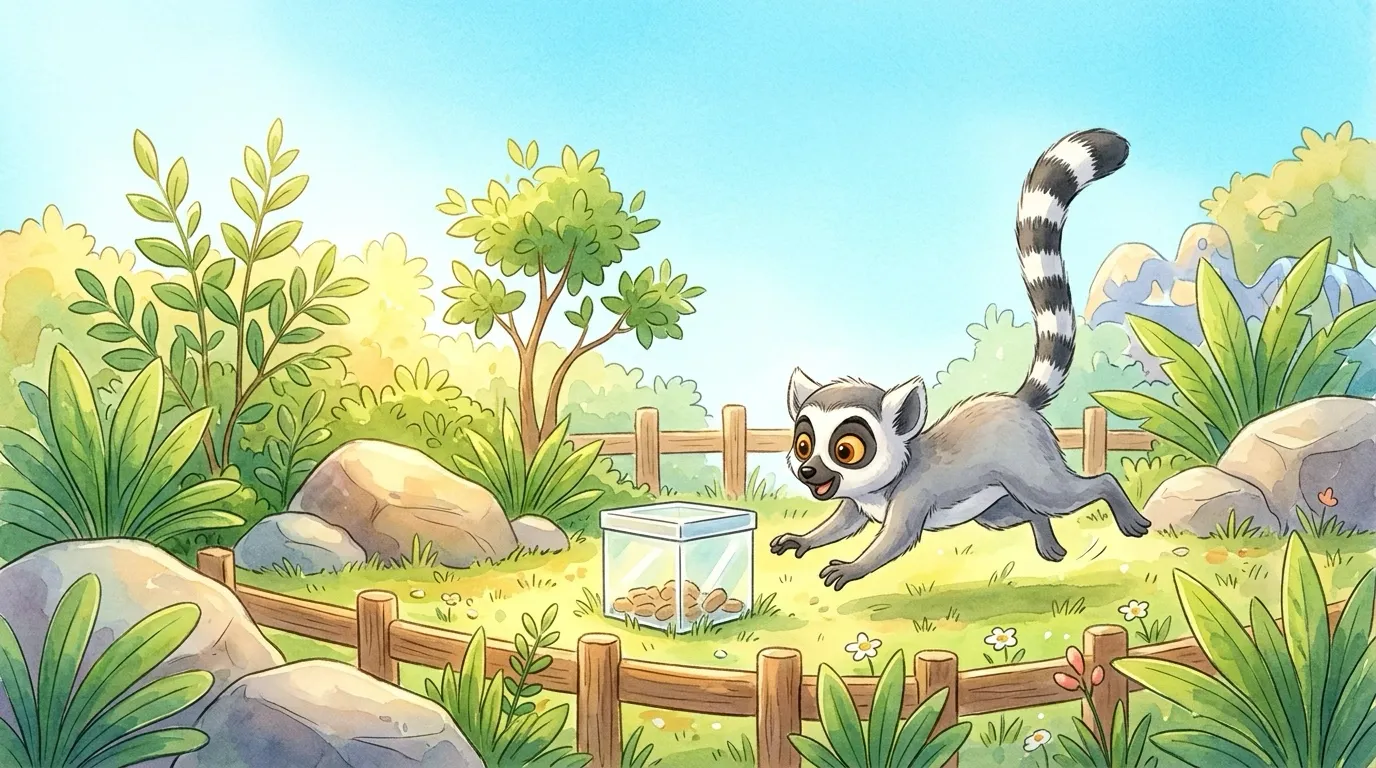 Medium shot: impatient Remy with his long striped ring-tail curled up high, dashing eagerly straight at the treat-box, eyes bright and eager.