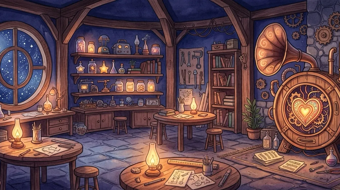 In the cozy night-time lab, in a quiet corner, sat an old music-machine that had not played a single note in a very long time.