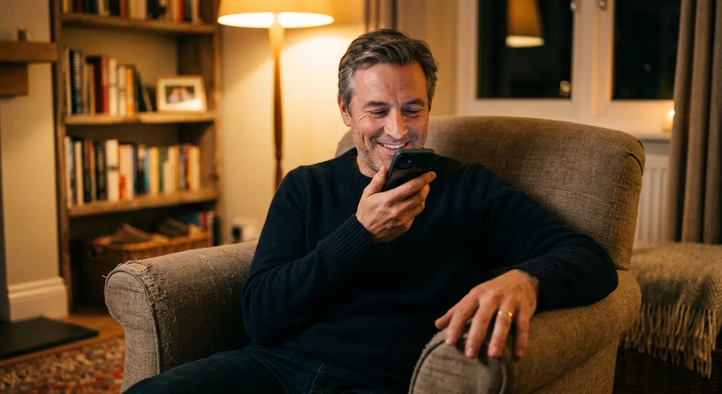 A father recording his voice on his phone in a cozy evening living room