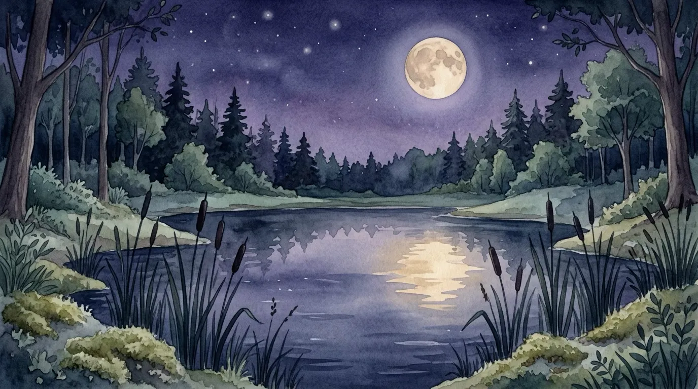 A wide view of a quiet woodland lake at night — tall reeds and cattails around the still water, a big round moon reflected on the lake, deep indigo-purple dreamy night, with no fireflies glowing yet.