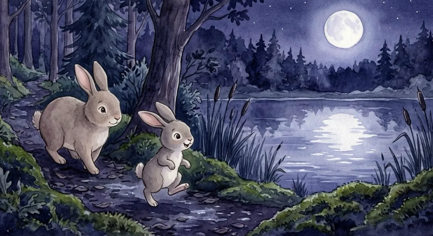 Little Sorrel the grey-brown rabbit hops eagerly down a mossy path to the moonlit lakeside, bouncing with excitement, while gentle Mama Rabbit follows close behind.